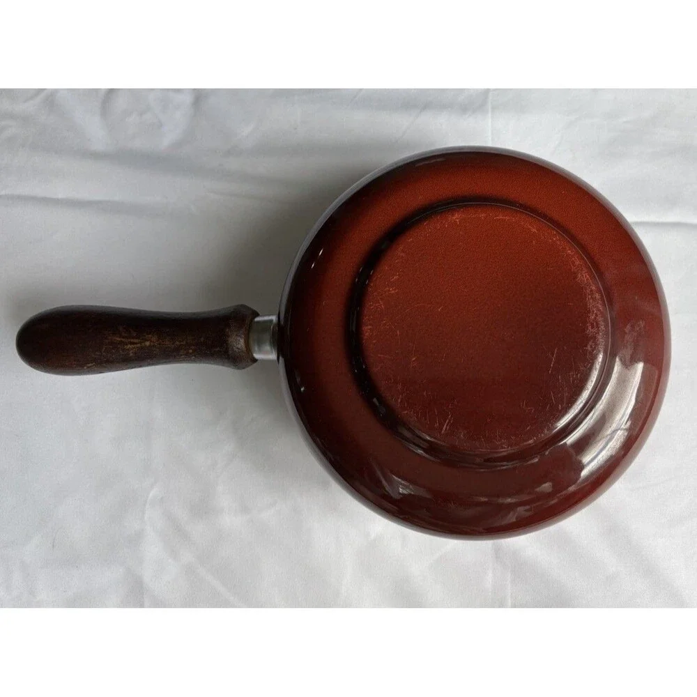 Vintage Red / Burnt Orange Wooden Handle Enameled Fondue Pot - No Lid - 5”
